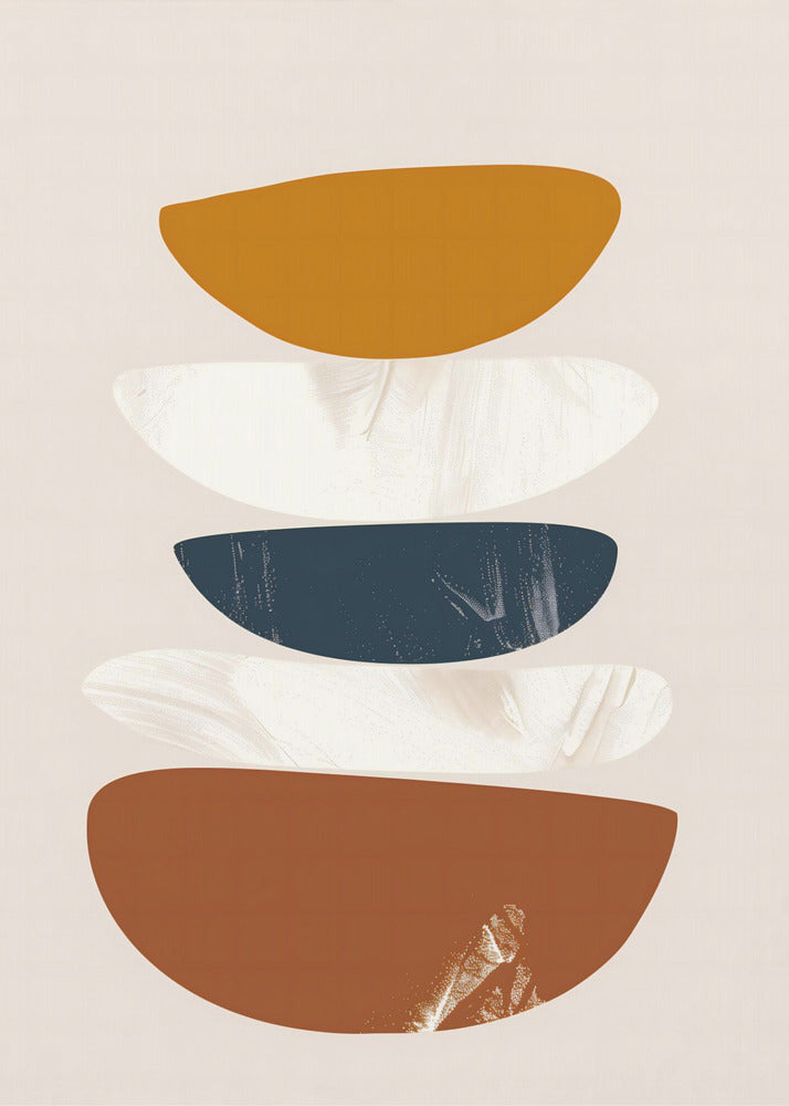 A framed abstract painting with a stack of five flattened, semi-circular shapes against a light beige background. From top to bottom, the shapes are colored mustard yellow, textured white, dark navy blue, textured white, and a larger rust brown. Wall Art