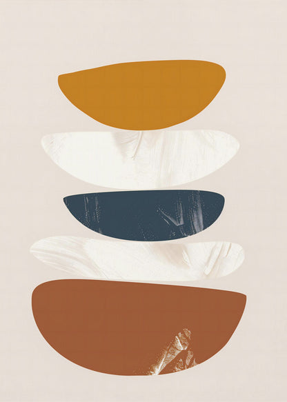 A framed abstract painting with a stack of five flattened, semi-circular shapes against a light beige background. From top to bottom, the shapes are colored mustard yellow, textured white, dark navy blue, textured white, and a larger rust brown. Wall Art