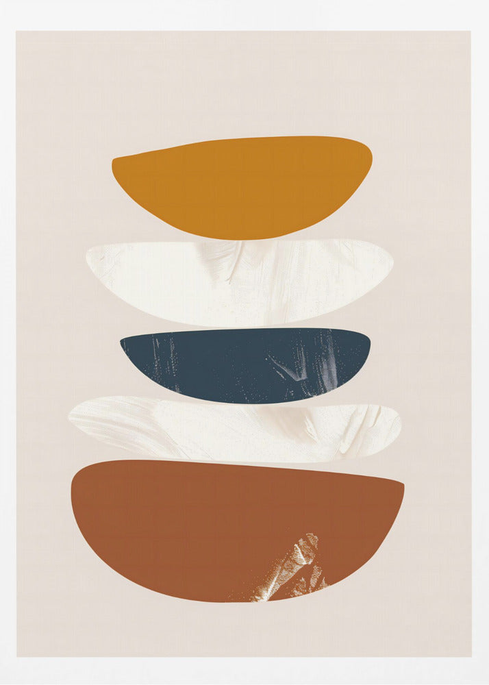 A framed abstract painting with a stack of five flattened, semi-circular shapes against a light beige background. From top to bottom, the shapes are colored mustard yellow, textured white, dark navy blue, textured white, and a larger rust brown. Wall Art