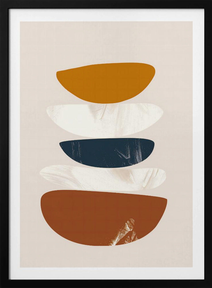 A framed abstract painting with a stack of five flattened, semi-circular shapes against a light beige background. From top to bottom, the shapes are colored mustard yellow, textured white, dark navy blue, textured white, and a larger rust brown. Wall Art