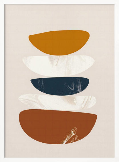 A framed abstract painting with a stack of five flattened, semi-circular shapes against a light beige background. From top to bottom, the shapes are colored mustard yellow, textured white, dark navy blue, textured white, and a larger rust brown. Wall Art