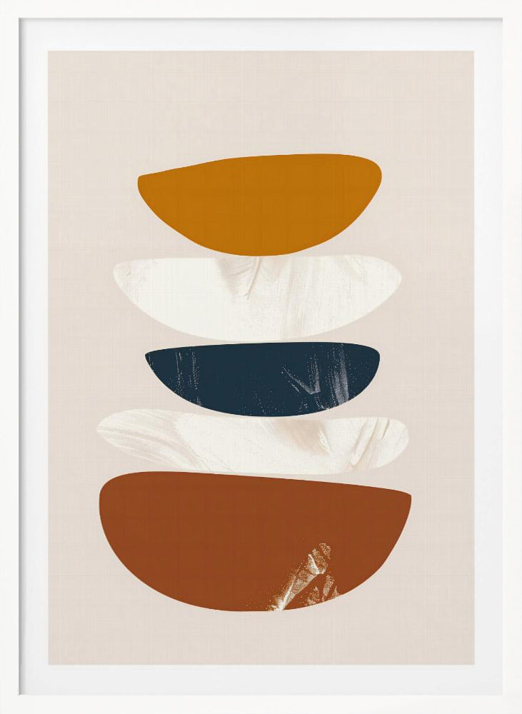 A framed abstract painting with a stack of five flattened, semi-circular shapes against a light beige background. From top to bottom, the shapes are colored mustard yellow, textured white, dark navy blue, textured white, and a larger rust brown. Wall Art