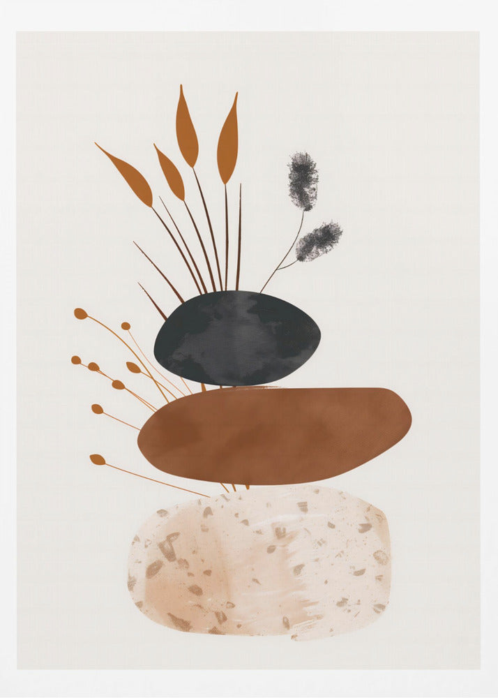 A minimalist abstract artwork featuring a stack of three organic, stone-like shapes against an off-white background, framed in black. The bottom shape is a speckled beige, the middle is a solid terracotta brown, and the top is a textured charcoal black. Various stylized botanical elements, including brown reeds and black fuzzy stems, emerge from behind the stack. Decor