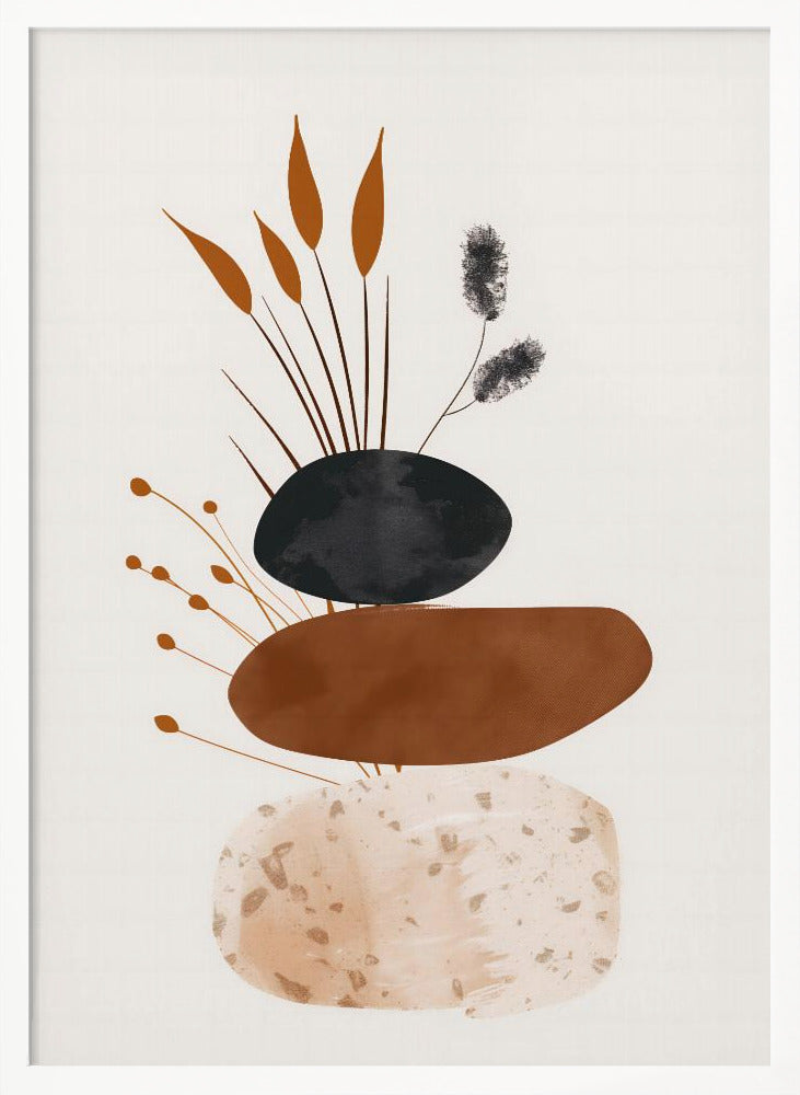 A minimalist abstract artwork featuring a stack of three organic, stone-like shapes against an off-white background, framed in black. The bottom shape is a speckled beige, the middle is a solid terracotta brown, and the top is a textured charcoal black. Various stylized botanical elements, including brown reeds and black fuzzy stems, emerge from behind the stack. Decor