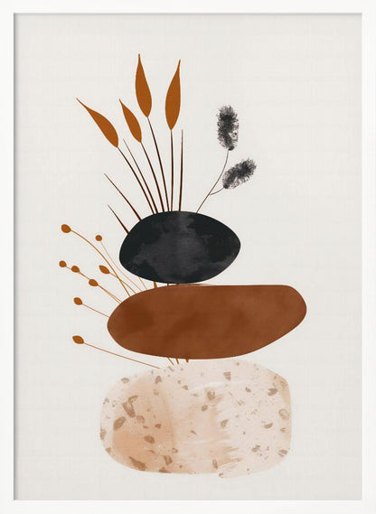 A minimalist abstract artwork featuring a stack of three organic, stone-like shapes against an off-white background, framed in black. The bottom shape is a speckled beige, the middle is a solid terracotta brown, and the top is a textured charcoal black. Various stylized botanical elements, including brown reeds and black fuzzy stems, emerge from behind the stack. Decor
