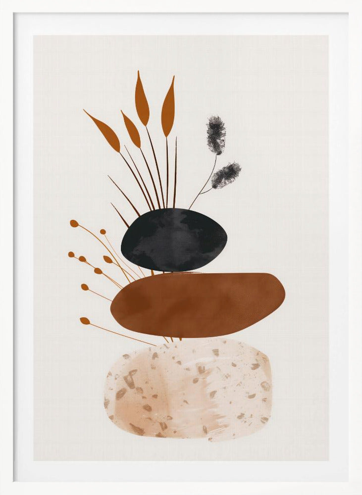 A minimalist abstract artwork featuring a stack of three organic, stone-like shapes against an off-white background, framed in black. The bottom shape is a speckled beige, the middle is a solid terracotta brown, and the top is a textured charcoal black. Various stylized botanical elements, including brown reeds and black fuzzy stems, emerge from behind the stack. Decor