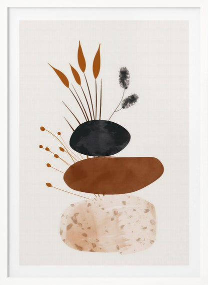A minimalist abstract artwork featuring a stack of three organic, stone-like shapes against an off-white background, framed in black. The bottom shape is a speckled beige, the middle is a solid terracotta brown, and the top is a textured charcoal black. Various stylized botanical elements, including brown reeds and black fuzzy stems, emerge from behind the stack. Decor