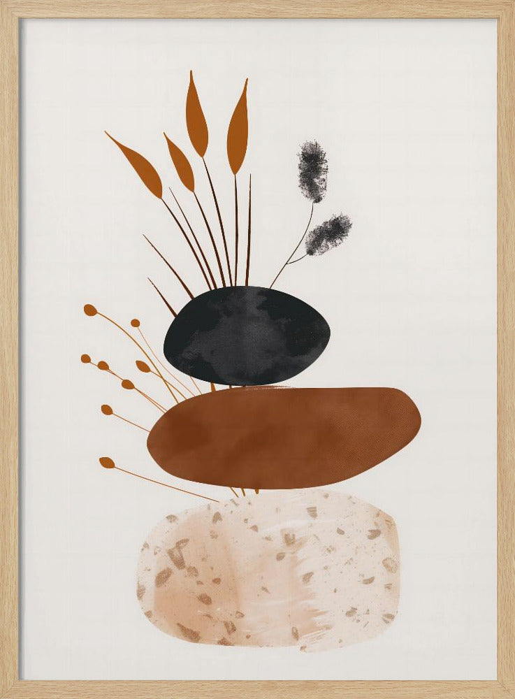 A minimalist abstract artwork featuring a stack of three organic, stone-like shapes against an off-white background, framed in black. The bottom shape is a speckled beige, the middle is a solid terracotta brown, and the top is a textured charcoal black. Various stylized botanical elements, including brown reeds and black fuzzy stems, emerge from behind the stack. Decor