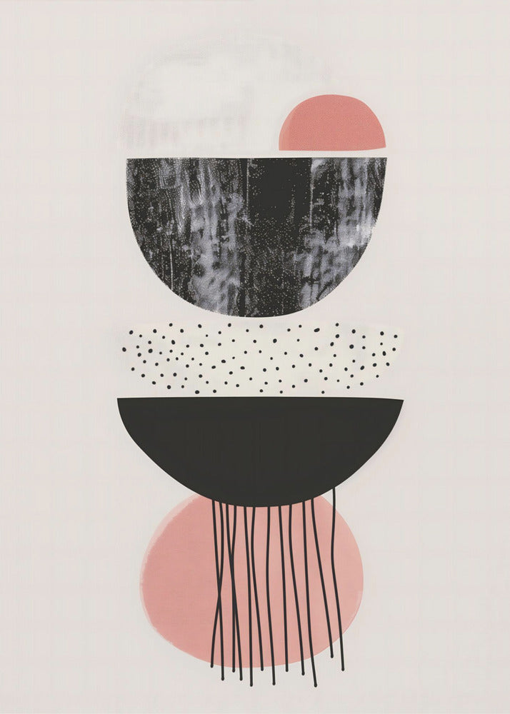 A framed modern abstract art piece with a vertical composition of stacked geometric shapes on a light cream background. The shapes include black and pink semi-circles, some with distressed or polka-dotted textures, and thin black lines dripping downwards from the bottom. Poster