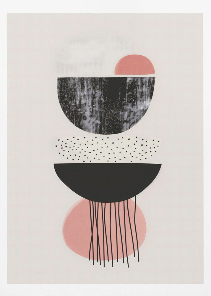 A framed modern abstract art piece with a vertical composition of stacked geometric shapes on a light cream background. The shapes include black and pink semi-circles, some with distressed or polka-dotted textures, and thin black lines dripping downwards from the bottom. Poster