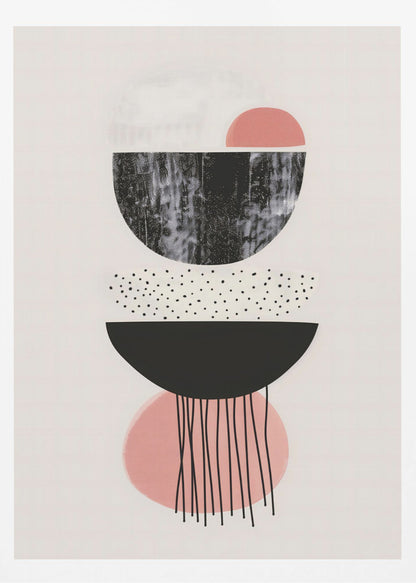 A framed modern abstract art piece with a vertical composition of stacked geometric shapes on a light cream background. The shapes include black and pink semi-circles, some with distressed or polka-dotted textures, and thin black lines dripping downwards from the bottom. Poster