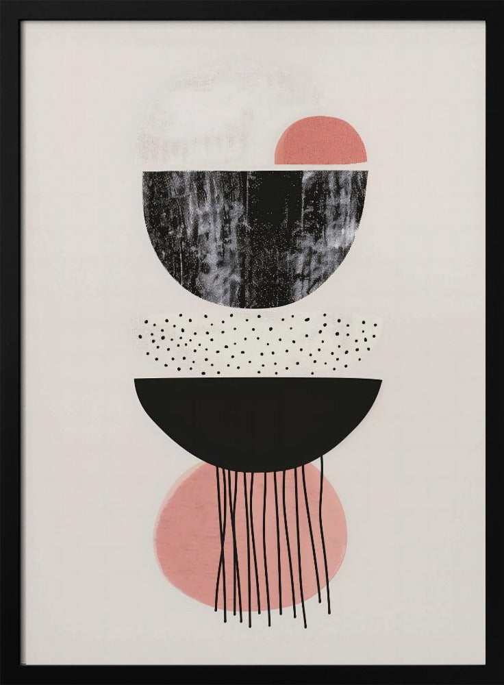 A framed modern abstract art piece with a vertical composition of stacked geometric shapes on a light cream background. The shapes include black and pink semi-circles, some with distressed or polka-dotted textures, and thin black lines dripping downwards from the bottom. Poster