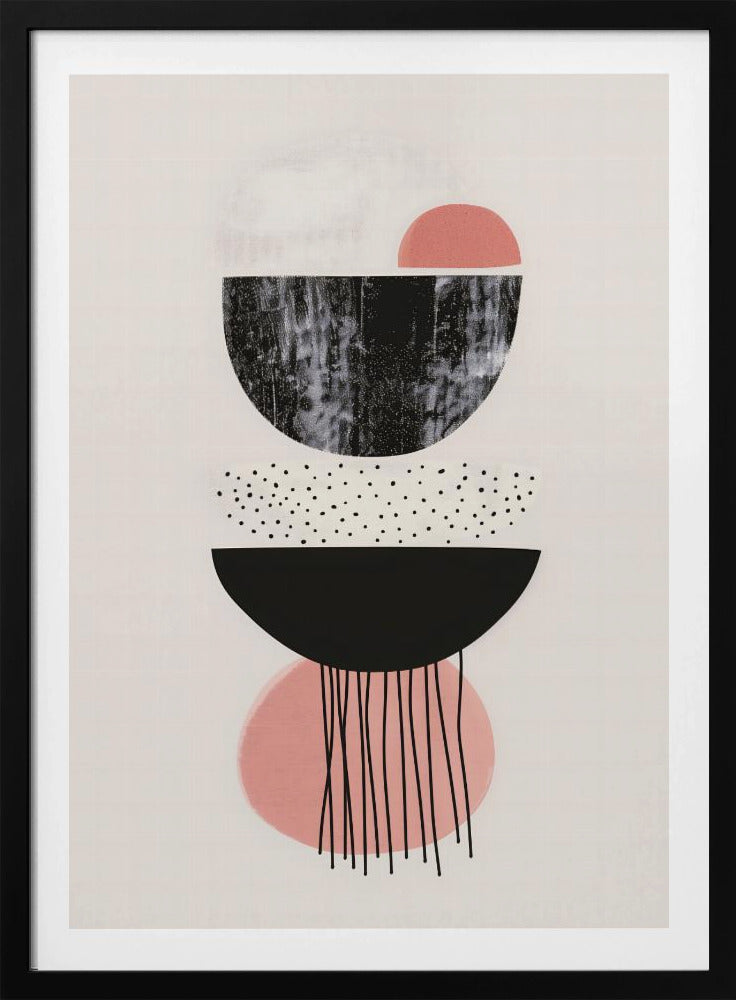 A framed modern abstract art piece with a vertical composition of stacked geometric shapes on a light cream background. The shapes include black and pink semi-circles, some with distressed or polka-dotted textures, and thin black lines dripping downwards from the bottom. Poster
