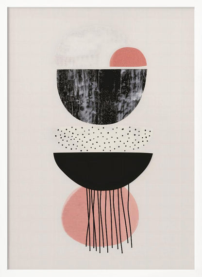A framed modern abstract art piece with a vertical composition of stacked geometric shapes on a light cream background. The shapes include black and pink semi-circles, some with distressed or polka-dotted textures, and thin black lines dripping downwards from the bottom. Poster