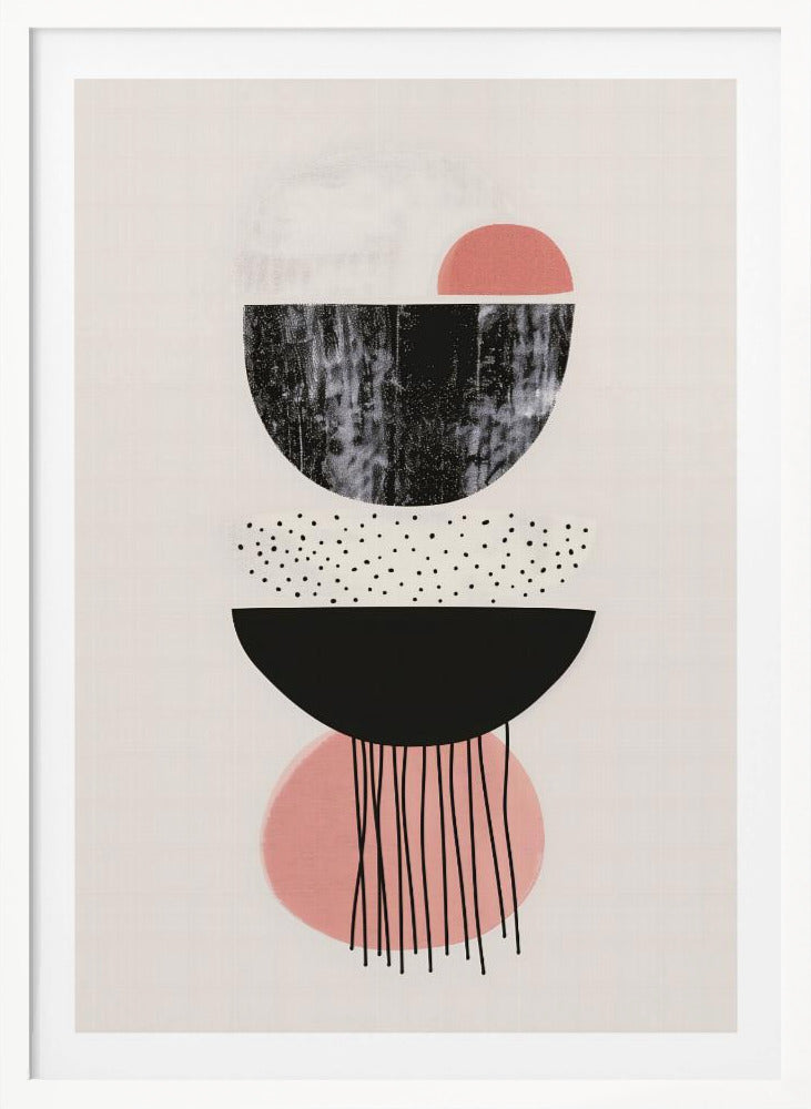 A framed modern abstract art piece with a vertical composition of stacked geometric shapes on a light cream background. The shapes include black and pink semi-circles, some with distressed or polka-dotted textures, and thin black lines dripping downwards from the bottom. Poster
