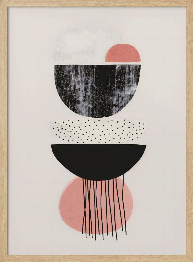 A framed modern abstract art piece with a vertical composition of stacked geometric shapes on a light cream background. The shapes include black and pink semi-circles, some with distressed or polka-dotted textures, and thin black lines dripping downwards from the bottom. Poster