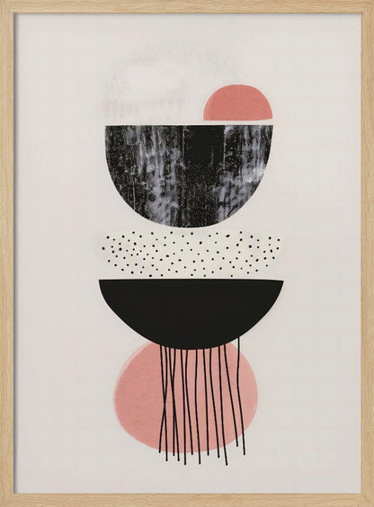 A framed modern abstract art piece with a vertical composition of stacked geometric shapes on a light cream background. The shapes include black and pink semi-circles, some with distressed or polka-dotted textures, and thin black lines dripping downwards from the bottom. Poster