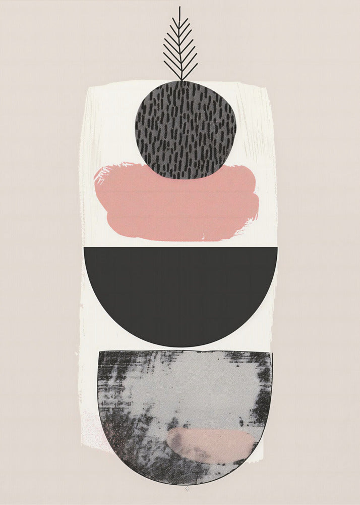 A modern abstract art piece with a vertical composition against a beige background. It features a stack of shapes: a textured black and grey semi-circle at the bottom, a solid black semi-circle, a splotch of muted pink paint, and a textured black circle at the top from which a simple black line drawing of a leaf emerges. The entire piece is in a black frame. Decor