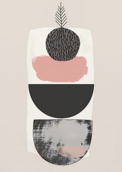 A modern abstract art piece with a vertical composition against a beige background. It features a stack of shapes: a textured black and grey semi-circle at the bottom, a solid black semi-circle, a splotch of muted pink paint, and a textured black circle at the top from which a simple black line drawing of a leaf emerges. The entire piece is in a black frame. Decor