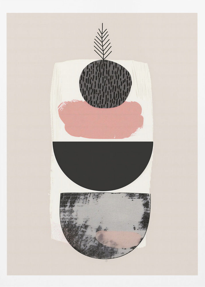 A modern abstract art piece with a vertical composition against a beige background. It features a stack of shapes: a textured black and grey semi-circle at the bottom, a solid black semi-circle, a splotch of muted pink paint, and a textured black circle at the top from which a simple black line drawing of a leaf emerges. The entire piece is in a black frame. Decor
