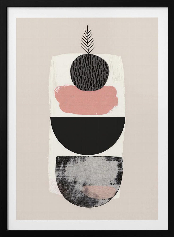 A modern abstract art piece with a vertical composition against a beige background. It features a stack of shapes: a textured black and grey semi-circle at the bottom, a solid black semi-circle, a splotch of muted pink paint, and a textured black circle at the top from which a simple black line drawing of a leaf emerges. The entire piece is in a black frame. Decor