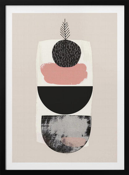 A modern abstract art piece with a vertical composition against a beige background. It features a stack of shapes: a textured black and grey semi-circle at the bottom, a solid black semi-circle, a splotch of muted pink paint, and a textured black circle at the top from which a simple black line drawing of a leaf emerges. The entire piece is in a black frame. Decor