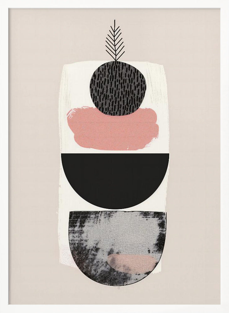 A modern abstract art piece with a vertical composition against a beige background. It features a stack of shapes: a textured black and grey semi-circle at the bottom, a solid black semi-circle, a splotch of muted pink paint, and a textured black circle at the top from which a simple black line drawing of a leaf emerges. The entire piece is in a black frame. Decor