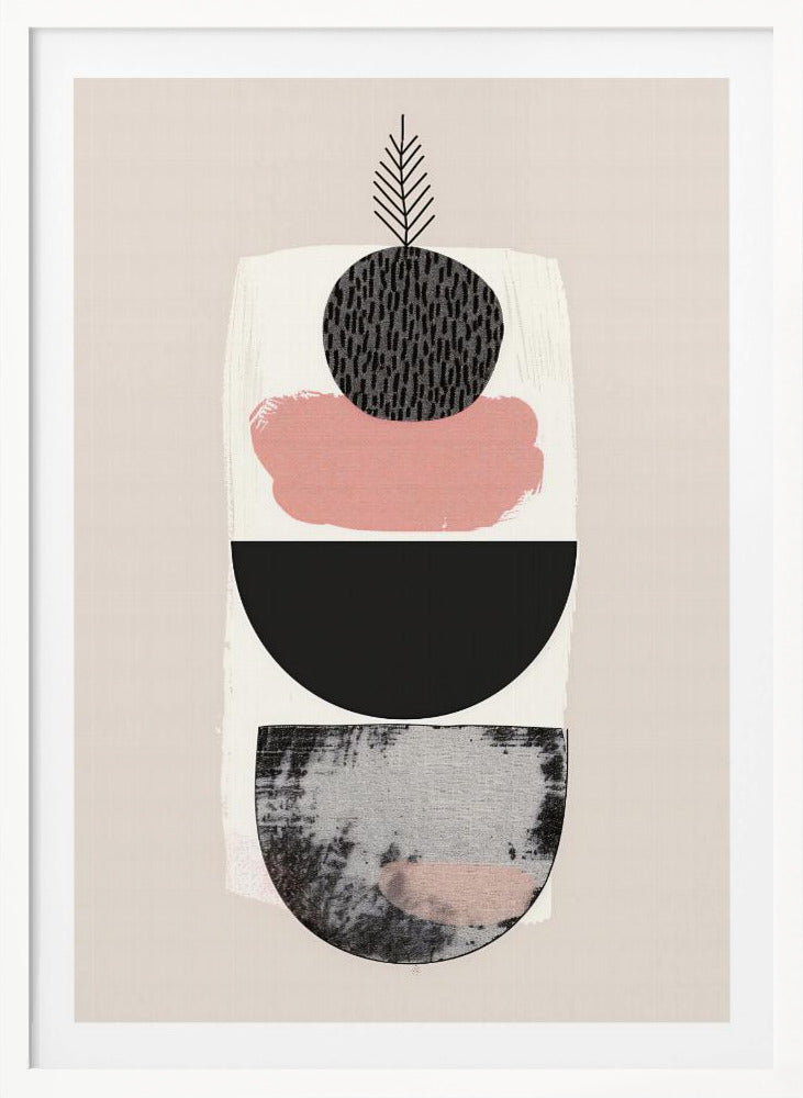 A modern abstract art piece with a vertical composition against a beige background. It features a stack of shapes: a textured black and grey semi-circle at the bottom, a solid black semi-circle, a splotch of muted pink paint, and a textured black circle at the top from which a simple black line drawing of a leaf emerges. The entire piece is in a black frame. Decor