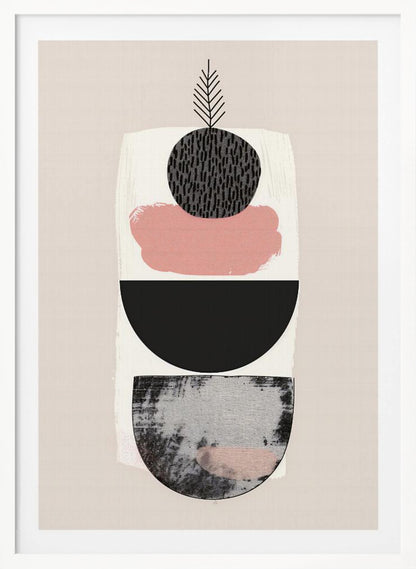 A modern abstract art piece with a vertical composition against a beige background. It features a stack of shapes: a textured black and grey semi-circle at the bottom, a solid black semi-circle, a splotch of muted pink paint, and a textured black circle at the top from which a simple black line drawing of a leaf emerges. The entire piece is in a black frame. Decor