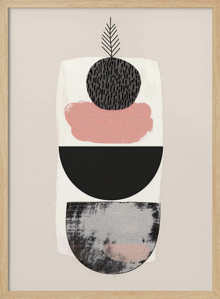 A modern abstract art piece with a vertical composition against a beige background. It features a stack of shapes: a textured black and grey semi-circle at the bottom, a solid black semi-circle, a splotch of muted pink paint, and a textured black circle at the top from which a simple black line drawing of a leaf emerges. The entire piece is in a black frame. Decor