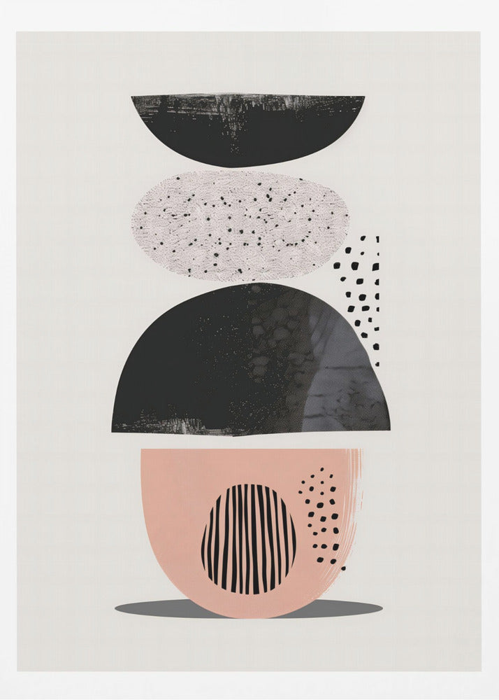 A modern abstract artwork in a black frame, featuring a vertical composition of stacked shapes against an off-white background. From top to bottom, the shapes include a black semi-circle, a speckled light gray oval, a larger textured black semi-circle, and a blush pink bowl-like shape decorated with black vertical lines and dots. Print
