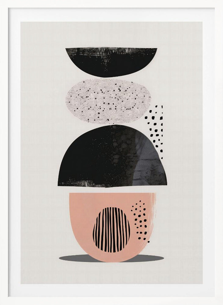 A modern abstract artwork in a black frame, featuring a vertical composition of stacked shapes against an off-white background. From top to bottom, the shapes include a black semi-circle, a speckled light gray oval, a larger textured black semi-circle, and a blush pink bowl-like shape decorated with black vertical lines and dots. Print