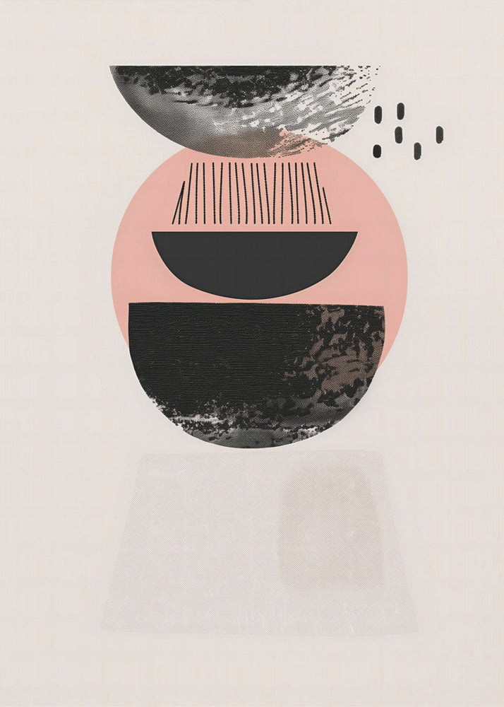 A framed modern abstract artwork with a vertical composition. On a cream background, a stack of geometric shapes in black and pink is depicted, featuring textured semi-circles, a large pink circle, and fine black lines, creating a balanced and minimalist design. Artwork