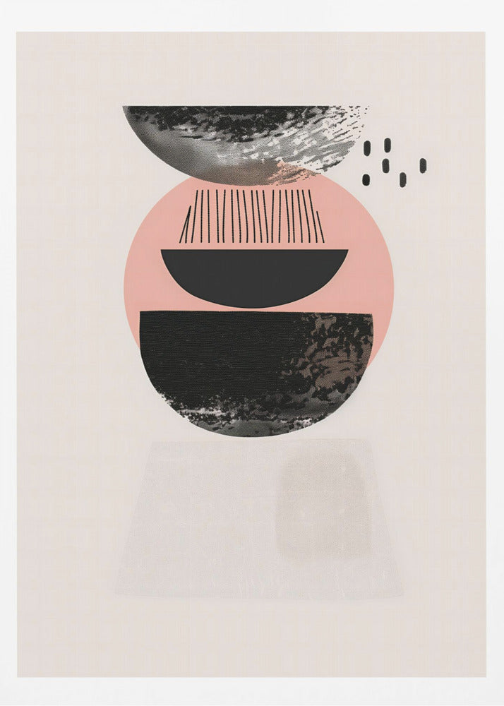 A framed modern abstract artwork with a vertical composition. On a cream background, a stack of geometric shapes in black and pink is depicted, featuring textured semi-circles, a large pink circle, and fine black lines, creating a balanced and minimalist design. Artwork