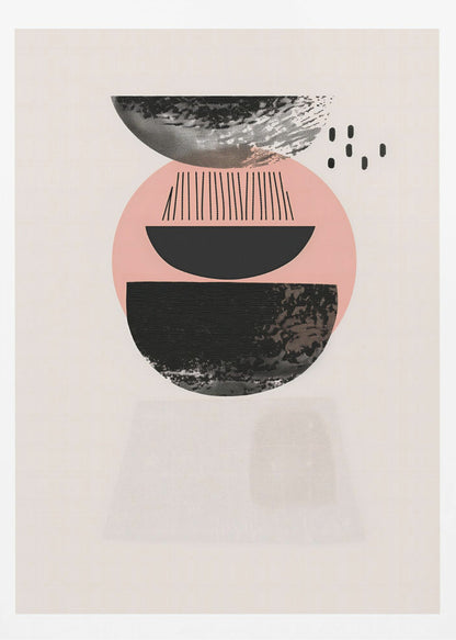 A framed modern abstract artwork with a vertical composition. On a cream background, a stack of geometric shapes in black and pink is depicted, featuring textured semi-circles, a large pink circle, and fine black lines, creating a balanced and minimalist design. Artwork