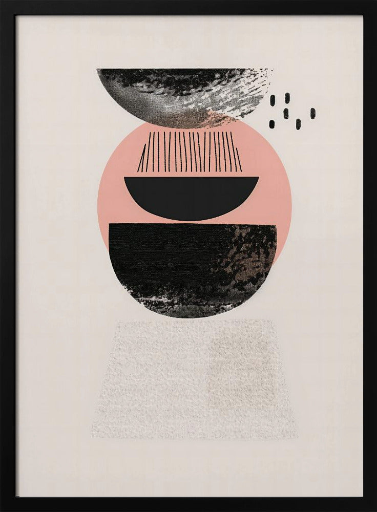 A framed modern abstract artwork with a vertical composition. On a cream background, a stack of geometric shapes in black and pink is depicted, featuring textured semi-circles, a large pink circle, and fine black lines, creating a balanced and minimalist design. Artwork