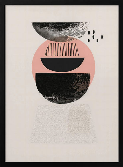 A framed modern abstract artwork with a vertical composition. On a cream background, a stack of geometric shapes in black and pink is depicted, featuring textured semi-circles, a large pink circle, and fine black lines, creating a balanced and minimalist design. Artwork