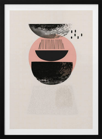 A framed modern abstract artwork with a vertical composition. On a cream background, a stack of geometric shapes in black and pink is depicted, featuring textured semi-circles, a large pink circle, and fine black lines, creating a balanced and minimalist design. Artwork
