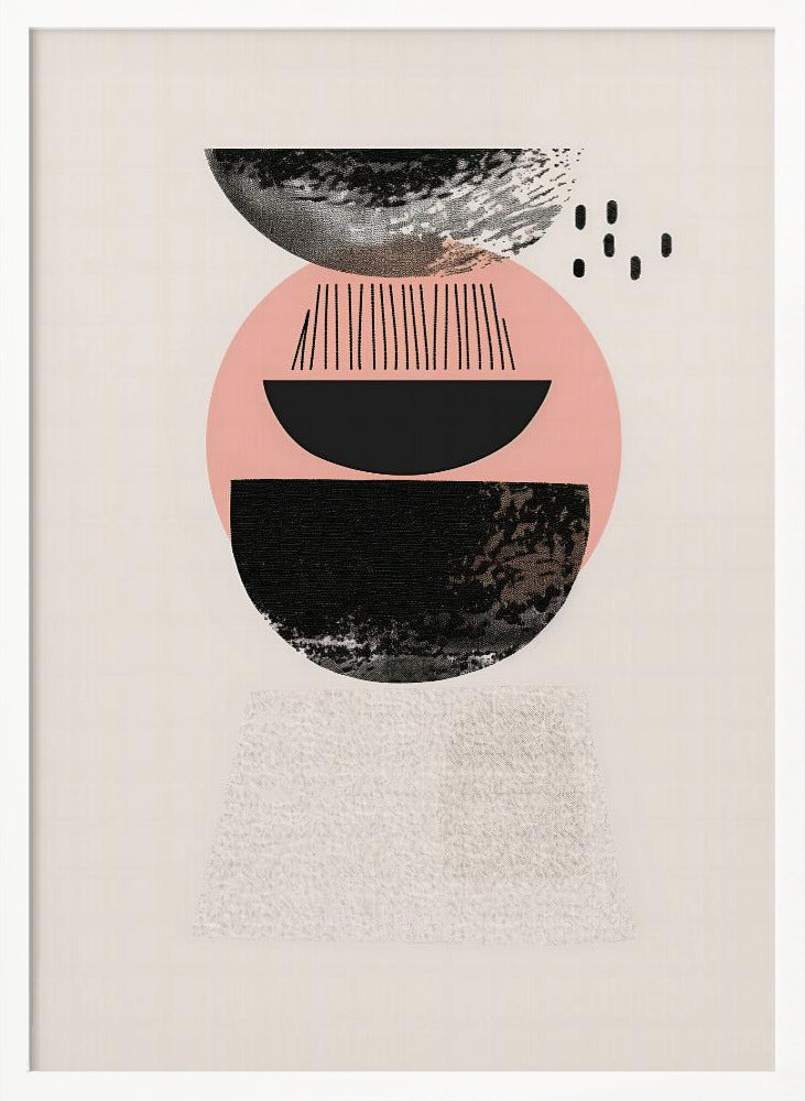 A framed modern abstract artwork with a vertical composition. On a cream background, a stack of geometric shapes in black and pink is depicted, featuring textured semi-circles, a large pink circle, and fine black lines, creating a balanced and minimalist design. Artwork