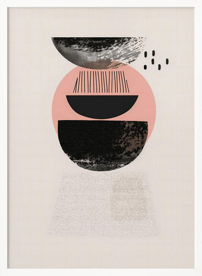 A framed modern abstract artwork with a vertical composition. On a cream background, a stack of geometric shapes in black and pink is depicted, featuring textured semi-circles, a large pink circle, and fine black lines, creating a balanced and minimalist design. Artwork