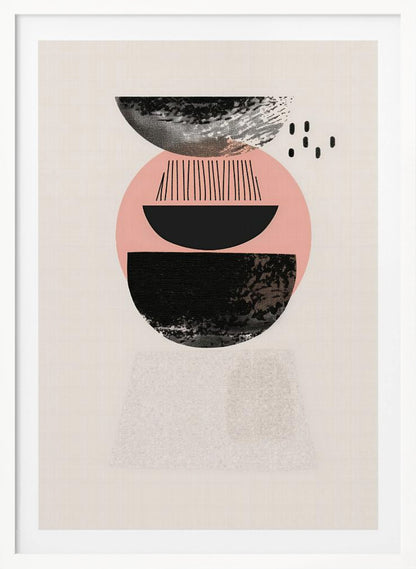 A framed modern abstract artwork with a vertical composition. On a cream background, a stack of geometric shapes in black and pink is depicted, featuring textured semi-circles, a large pink circle, and fine black lines, creating a balanced and minimalist design. Artwork