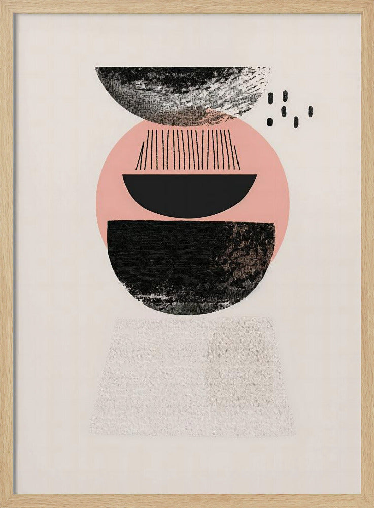 A framed modern abstract artwork with a vertical composition. On a cream background, a stack of geometric shapes in black and pink is depicted, featuring textured semi-circles, a large pink circle, and fine black lines, creating a balanced and minimalist design. Artwork