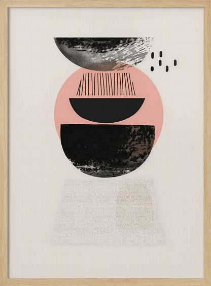 A framed modern abstract artwork with a vertical composition. On a cream background, a stack of geometric shapes in black and pink is depicted, featuring textured semi-circles, a large pink circle, and fine black lines, creating a balanced and minimalist design. Artwork
