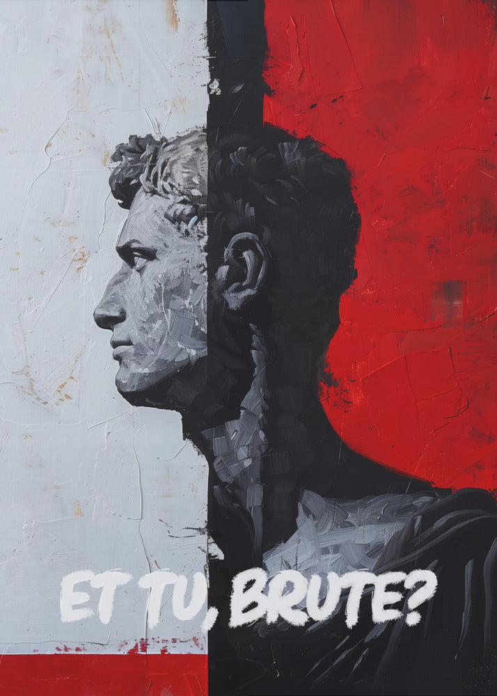 A modern, framed painting depicting a classical Roman bust in profile. The composition is split vertically: the left side has a textured white background with the bust in grey tones, while the right has a bold red background with the bust's silhouette in black. The Latin phrase 'ET TU, BRUTE?' is painted in white at the bottom. Print