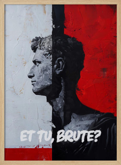 A modern, framed painting depicting a classical Roman bust in profile. The composition is split vertically: the left side has a textured white background with the bust in grey tones, while the right has a bold red background with the bust's silhouette in black. The Latin phrase 'ET TU, BRUTE?' is painted in white at the bottom. Print