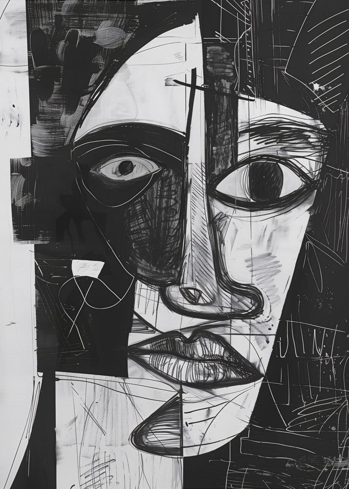 A striking black and white abstract portrait of a face, rendered in a cubist-inspired style. The features are fragmented and asymmetrical, with bold black shapes contrasting against white areas filled with expressive, sketchy linework, creating a powerful and dramatic composition. Poster
