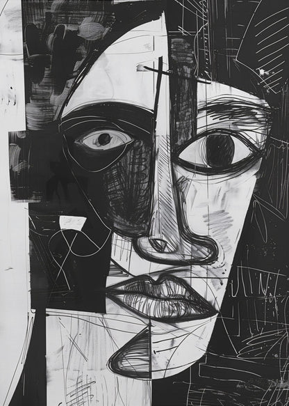 A striking black and white abstract portrait of a face, rendered in a cubist-inspired style. The features are fragmented and asymmetrical, with bold black shapes contrasting against white areas filled with expressive, sketchy linework, creating a powerful and dramatic composition. Poster