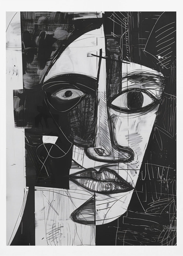 A striking black and white abstract portrait of a face, rendered in a cubist-inspired style. The features are fragmented and asymmetrical, with bold black shapes contrasting against white areas filled with expressive, sketchy linework, creating a powerful and dramatic composition. Poster