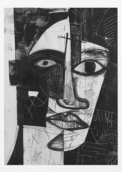A striking black and white abstract portrait of a face, rendered in a cubist-inspired style. The features are fragmented and asymmetrical, with bold black shapes contrasting against white areas filled with expressive, sketchy linework, creating a powerful and dramatic composition. Poster