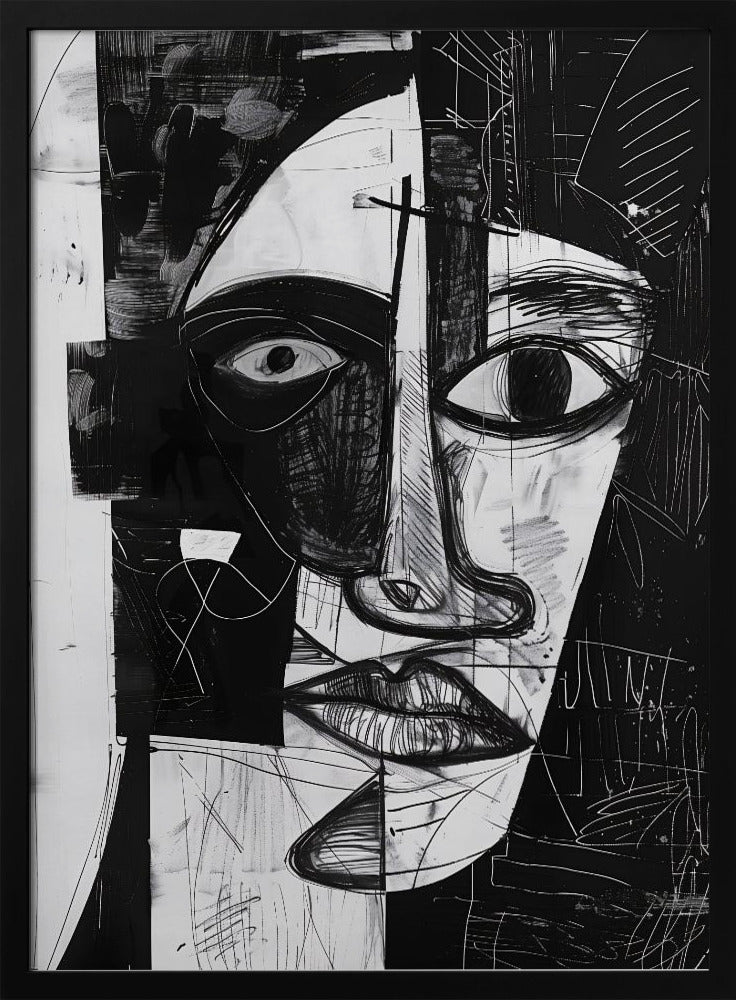 A striking black and white abstract portrait of a face, rendered in a cubist-inspired style. The features are fragmented and asymmetrical, with bold black shapes contrasting against white areas filled with expressive, sketchy linework, creating a powerful and dramatic composition. Poster